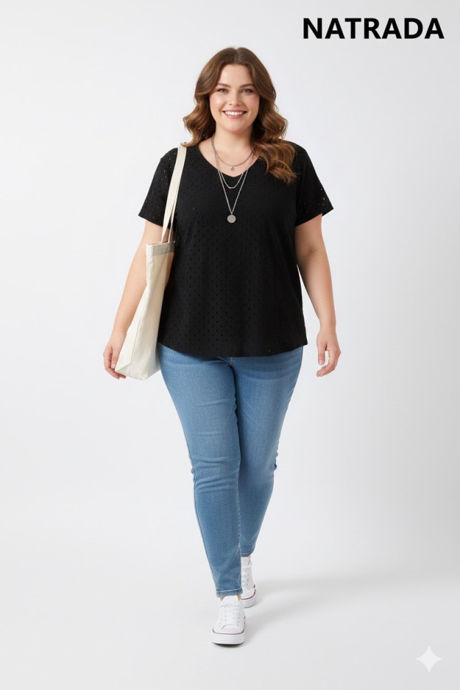 T-P008 : เสื้อเเฟชั่นสาวอวบตาข่ายสีดำ Black mesh fashion shirt for chubby girls (Ships within 24 hours)