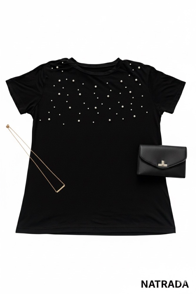 T-P009 : เสื้อยืดแฟชั่นสีดำ  สาวอวบ แต่งมุก Black fashion t-shirt for chubby girls, decorated with pearls (Ships within 24 hours)