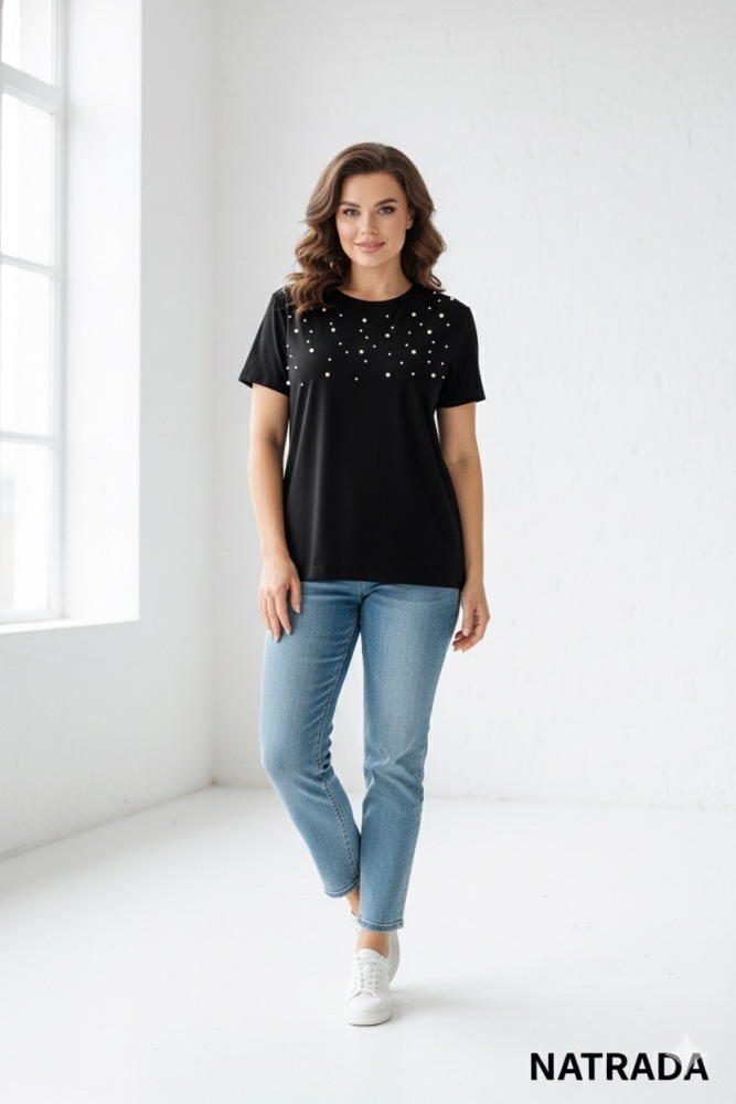 T-P009 : เสื้อยืดแฟชั่นสีดำ  สาวอวบ แต่งมุก Black fashion t-shirt for chubby girls, decorated with pearls (Ships within 24 hours)