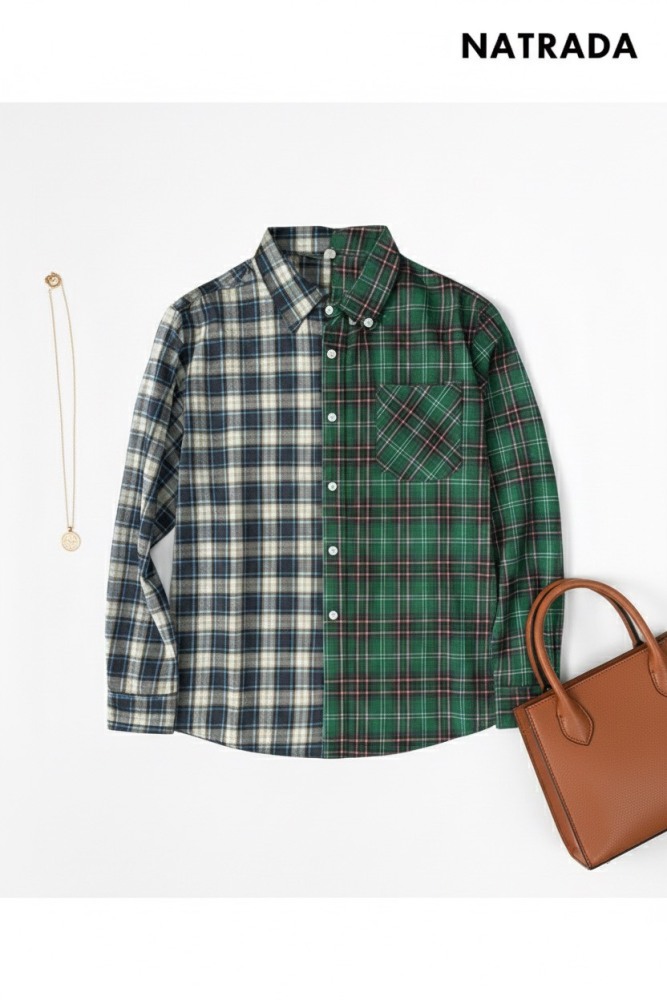 T-P025 : เสื้อเชิ้ตแขนยาวลายสก็อตเทาตัดเขียว สาวอวบ Long-sleeved shirt with gray and green plaid pattern for chubby girls (Ships within 24 hours)