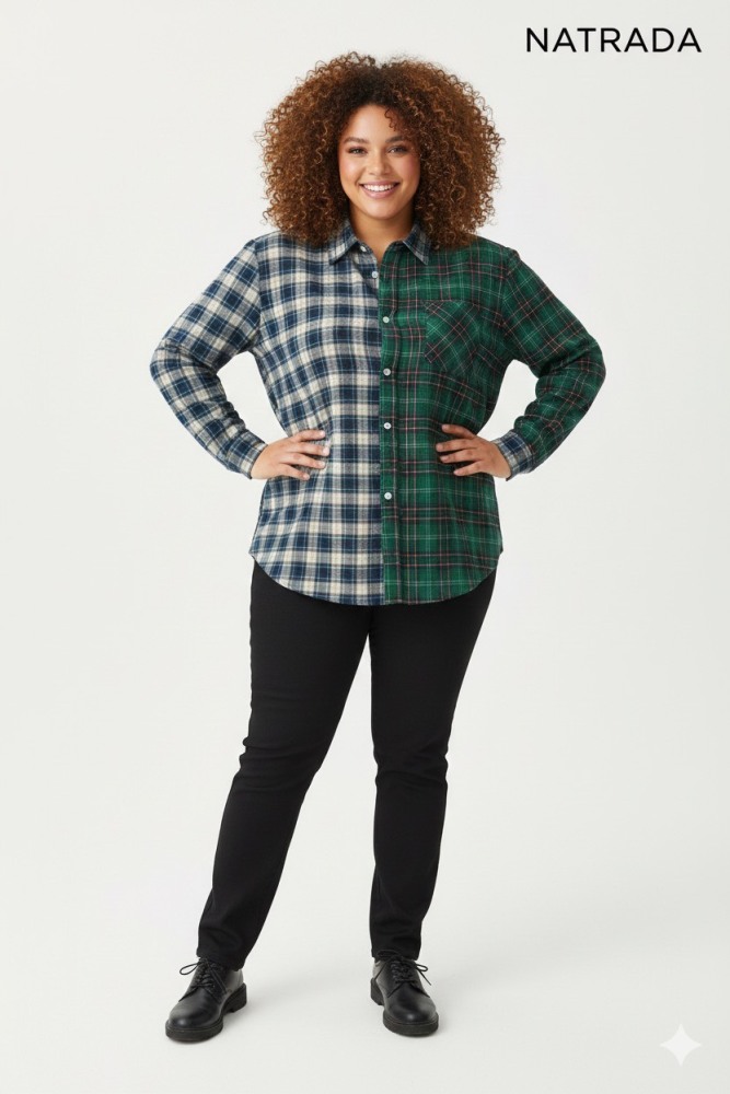 T-P025 : เสื้อเชิ้ตแขนยาวลายสก็อตเทาตัดเขียว สาวอวบ Long-sleeved shirt with gray and green plaid pattern for chubby girls (Ships within 24 hours)