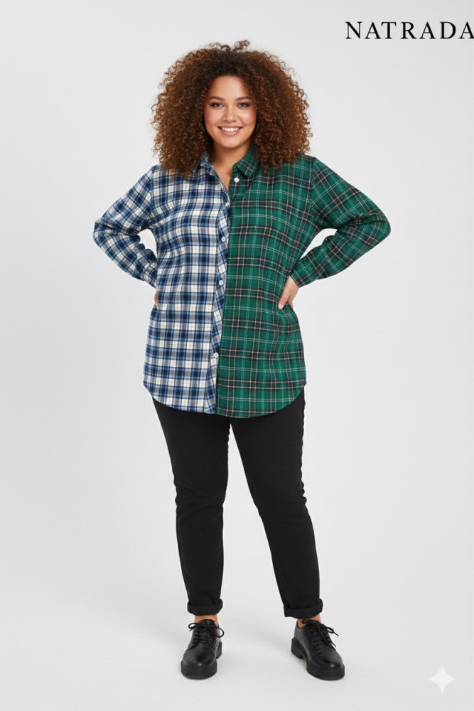 T-P024 : เสื้อเชิ้ตแขนยาวลายสก็อตฟ้าตัดเขียว สาวอวบ Blue and green plaid long-sleeved shirt for chubby women (Ships within 24 hours)