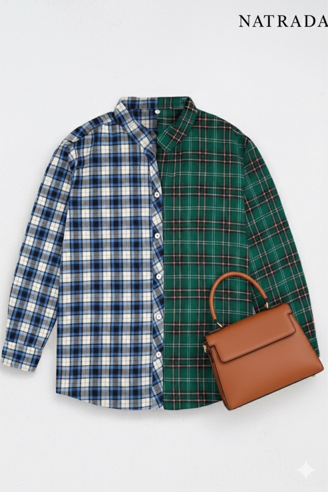 T-P024 : เสื้อเชิ้ตแขนยาวลายสก็อตฟ้าตัดเขียว สาวอวบ Blue and green plaid long-sleeved shirt for chubby women (Ships within 24 hours)