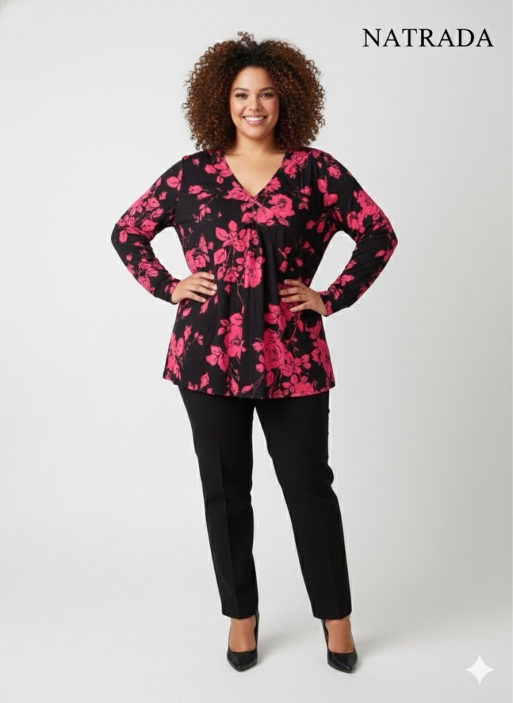 T-P 034 เสื้อแฟชั่นแขนยาว คอวี ลายดอกสีชมพู Long-sleeved fashion shirt, V-neck, pink floral pattern (Ships within 24 hours)