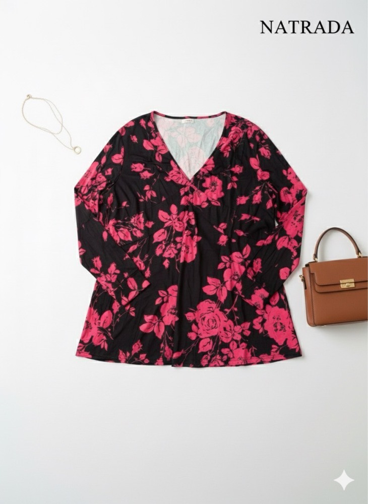 T-P 034 เสื้อแฟชั่นแขนยาว คอวี ลายดอกสีชมพู Long-sleeved fashion shirt, V-neck, pink floral pattern (Ships within 24 hours)