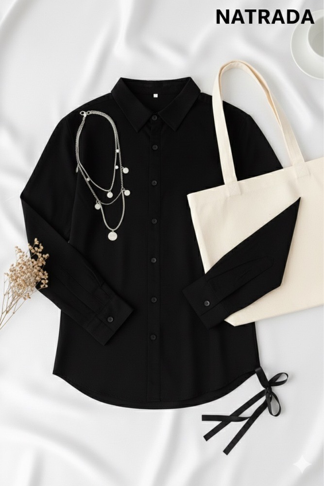 T-P010 : เสื้อเชิ้ตสีดำ สาวอวบ มีเชือกผูกเอว Black shirt for chubby girls with a drawstring at the waist