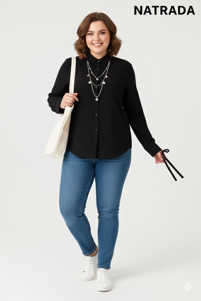 T-P010 : เสื้อเชิ้ตสีดำ สาวอวบ มีเชือกผูกเอว Black shirt for chubby girls with a drawstring at the waist