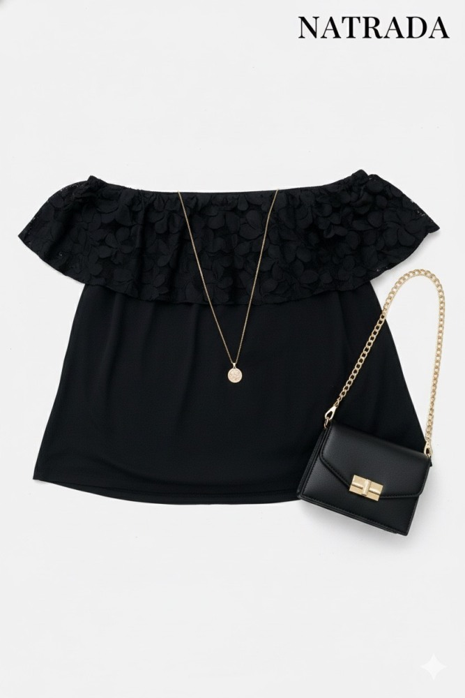 T-P012 : เสื้อแฟชั่นปาดไหล่ สีดำ สาวอวบ Black off-shoulder fashion top for chubby women (Ships within 24 hours)