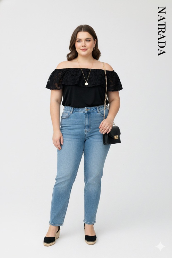T-P012 : เสื้อแฟชั่นปาดไหล่ สีดำ สาวอวบ Black off-shoulder fashion top for chubby women (Ships within 24 hours)