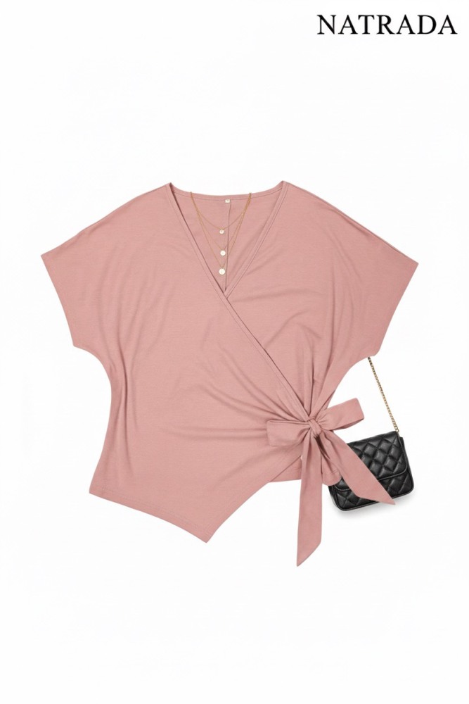 T-P016 : เสื้อแฟชั่นคอวี สีชมพู ผูกเอวสาวอวบ Pink V-neck fashion top with tie waist for plus-size women