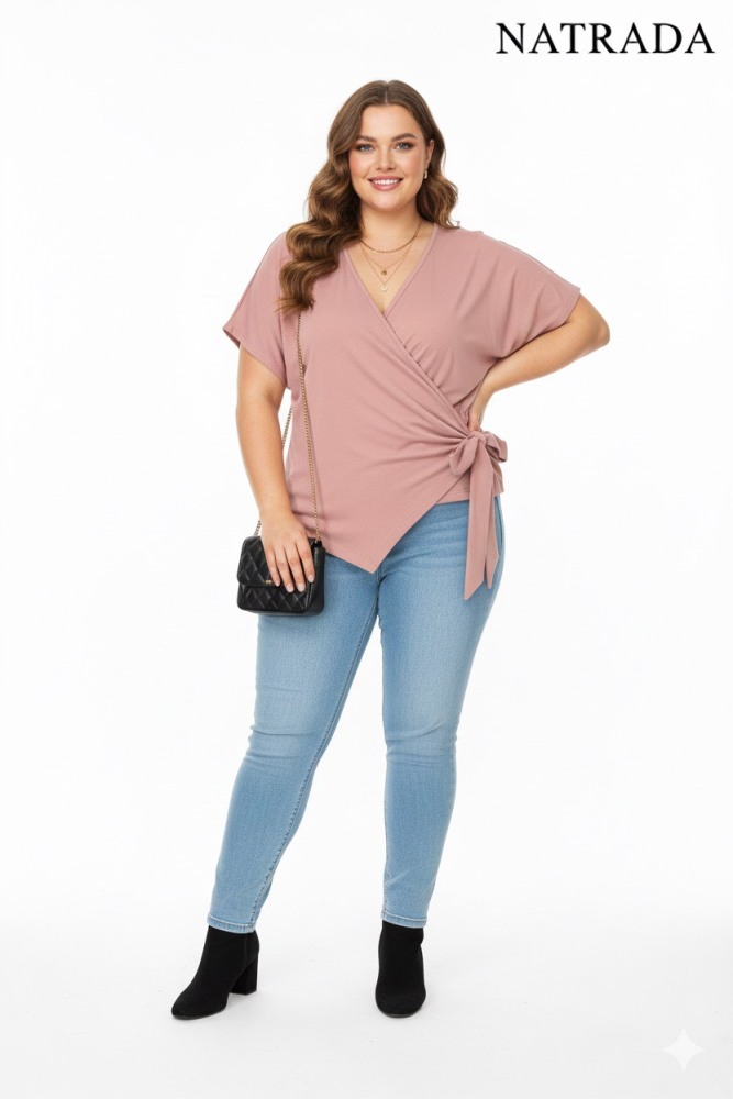 T-P016 : เสื้อแฟชั่นคอวี สีชมพู ผูกเอวสาวอวบ Pink V-neck fashion top with tie waist for plus-size women