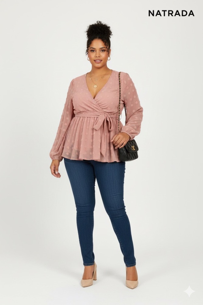 T-P017 : เสื้อแฟชั่นคอวี แขนยาวสีชมพู ผูกเอว สาวอวบ Pink long-sleeved V-neck fashion top with tie waist for plus-size women (Ships within 24 hours)