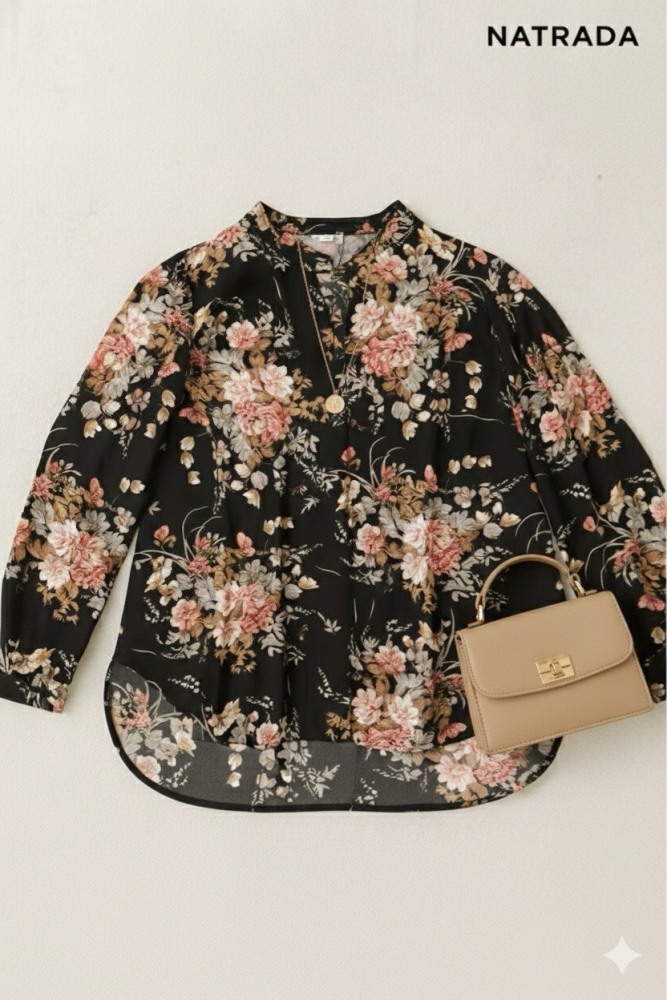 T-P018 : เสื้อแฟชั่นคอจีน แขนยาว สีดำลายดอกสาวอวบ Fashionable Chinese collar long-sleeved black floral shirt for plus-size women (Ships within 24 hours)