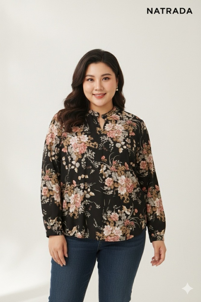 T-P018 : เสื้อแฟชั่นคอจีน แขนยาว สีดำลายดอกสาวอวบ Fashionable Chinese collar long-sleeved black floral shirt for plus-size women (Ships within 24 hours)