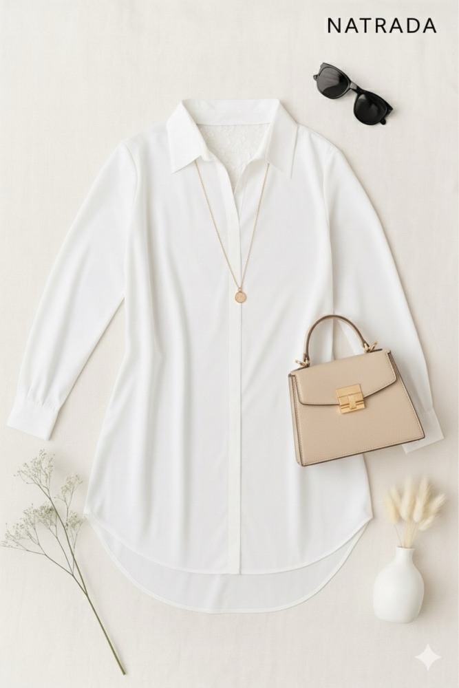 T-P019 : เสื้อเชิ้ตสีขาวแขนยาว สาวอวบ Long-sleeved white shirt for plus-size women (Ships within 24 hours)