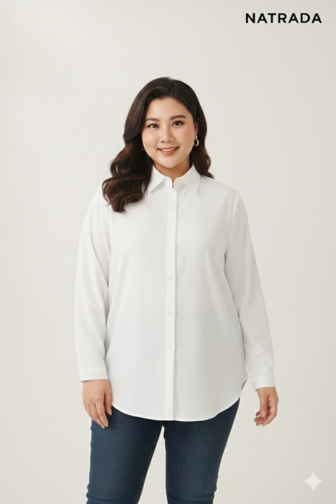 T-P019 : เสื้อเชิ้ตสีขาวแขนยาว สาวอวบ Long-sleeved white shirt for plus-size women (Ships within 24 hours)