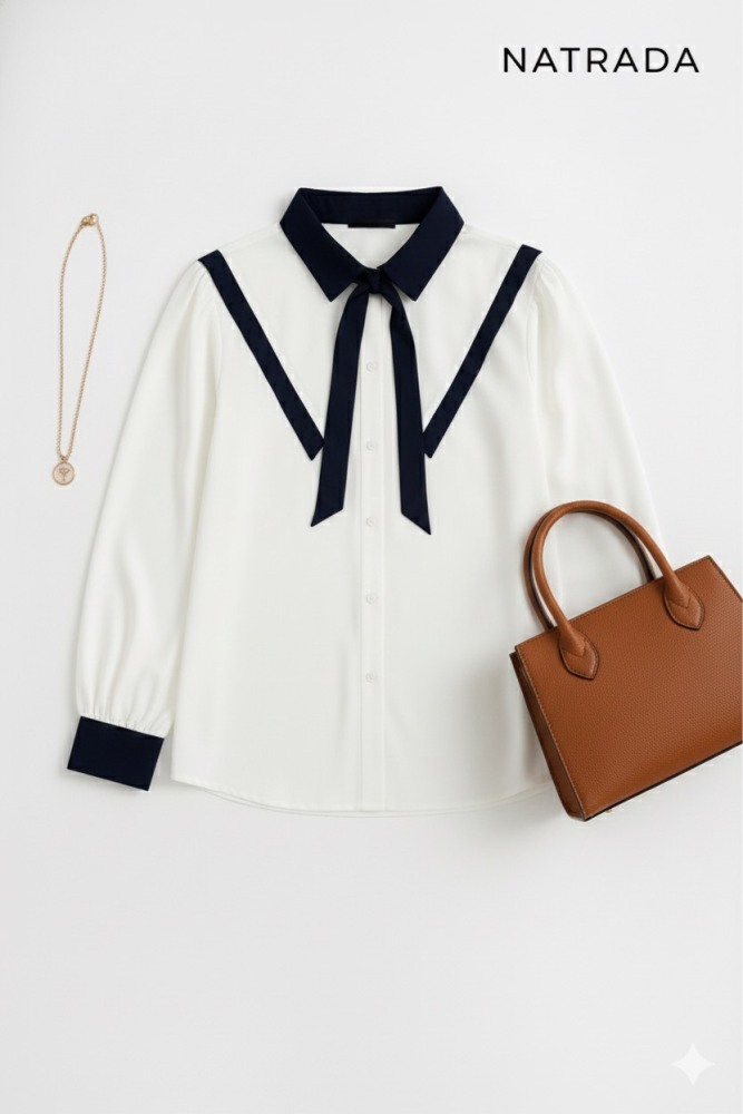 T-P026 : เสียงเสื้อเชิ้ตแฟชั่นแขนยาวสีขาว ผูกโบว์สีดำ White long-sleeved fashion shirt with a black bow tie