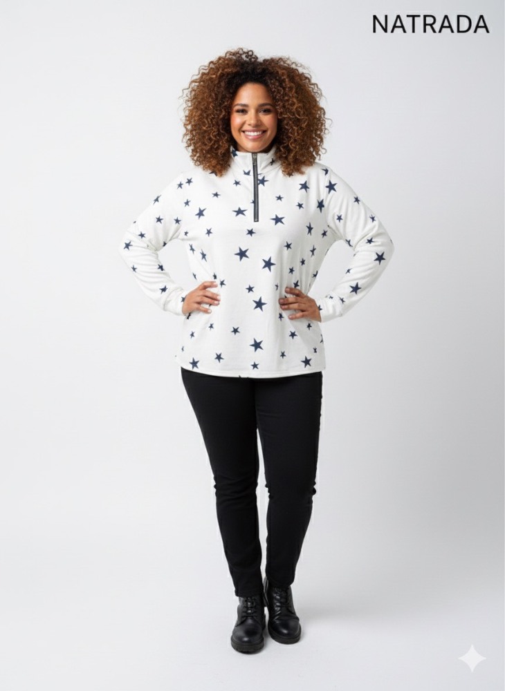 T-P033 : เสื้อแฟชั่นแขนยาว คอเต่ามีซิป ลายดาว Long-sleeved fashion shirt with turtleneck and zipper, star pattern