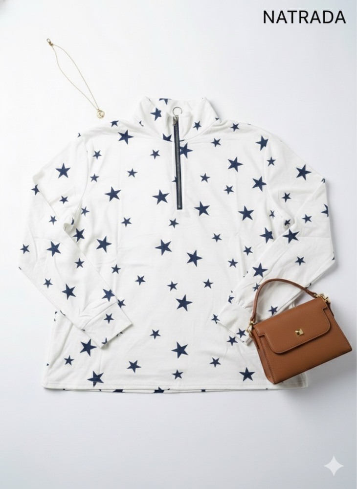 T-P033 : เสื้อแฟชั่นแขนยาว คอเต่ามีซิป ลายดาว Long-sleeved fashion shirt with turtleneck and zipper, star pattern