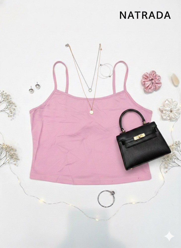 C002 : ครอปสายเดี่ยว สีชมพู สายปรับได้ (พร้อมส่งภายใน 24 ชม.) Pink crop top with adjustable straps (ready to ship within 24 hours)