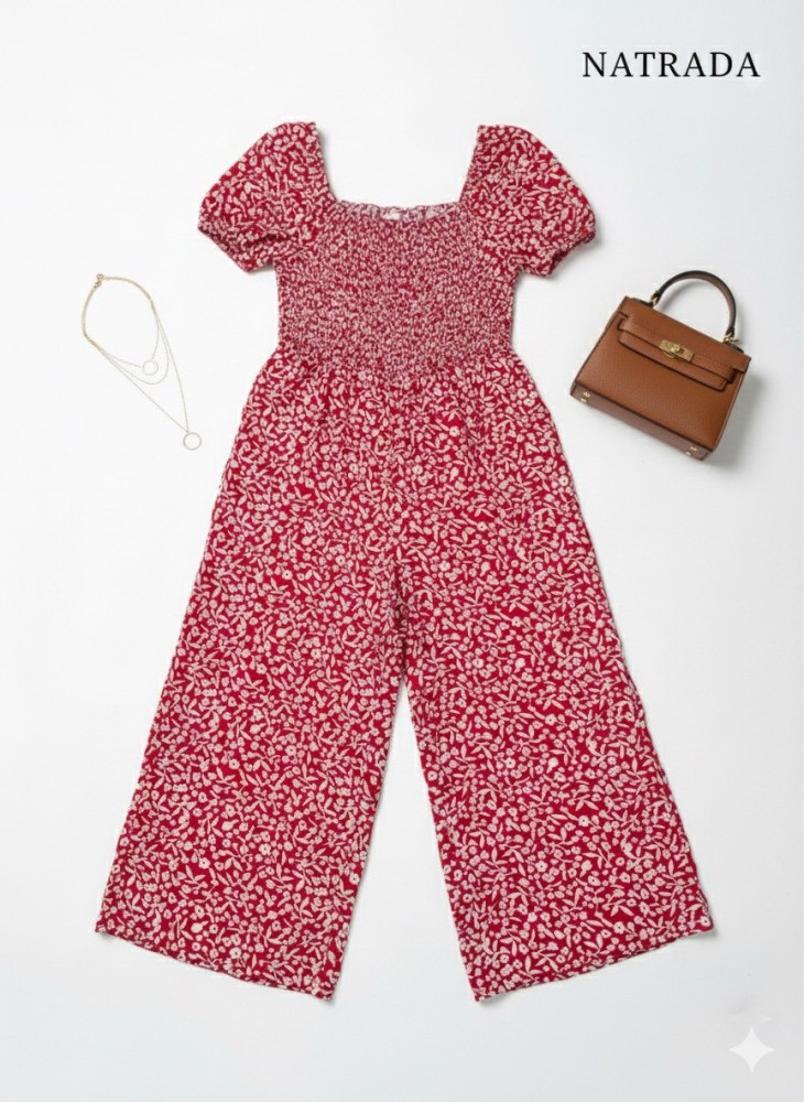 D-P007 : ชุดจั๊มสีน้ำเงิน ขายาวลายดอกแขนตุ๊กตา Blue floral jumpsuit with long pants and puff sleeves (Ships within 24 hours)