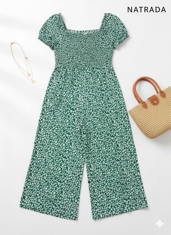 D-P007 : ชุดจั๊มสีน้ำเงิน ขายาวลายดอกแขนตุ๊กตา Blue floral jumpsuit with long pants and puff sleeves (Ships within 24 hours)