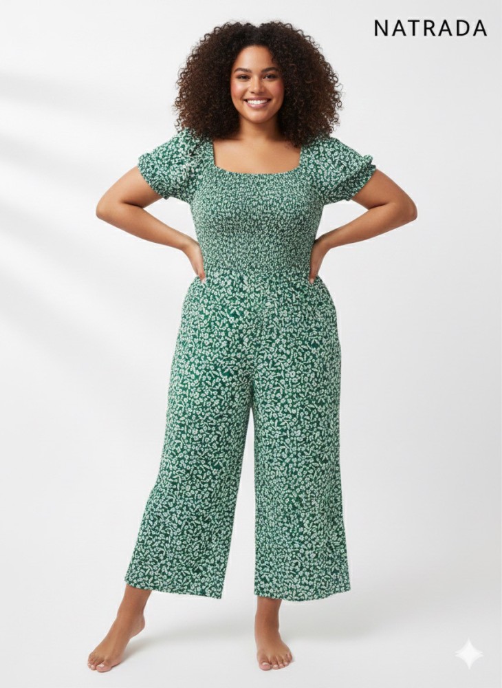 D-P007 : ชุดจั๊มสีน้ำเงิน ขายาวลายดอกแขนตุ๊กตา Blue floral jumpsuit with long pants and puff sleeves (Ships within 24 hours)