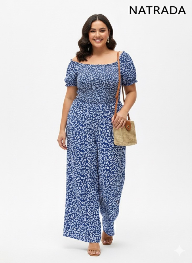 D-P007 : ชุดจั๊มสีน้ำเงิน ขายาวลายดอกแขนตุ๊กตา Blue floral jumpsuit with long pants and puff sleeves (Ships within 24 hours)