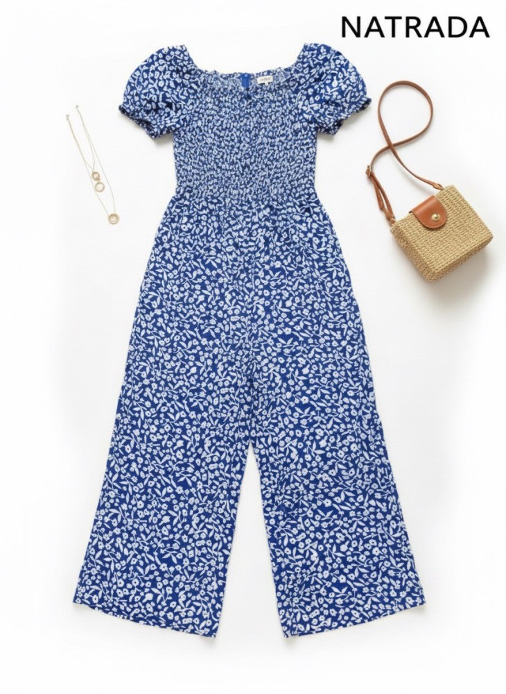 D-P007 : ชุดจั๊มสีน้ำเงิน ขายาวลายดอกแขนตุ๊กตา Blue floral jumpsuit with long pants and puff sleeves (Ships within 24 hours)