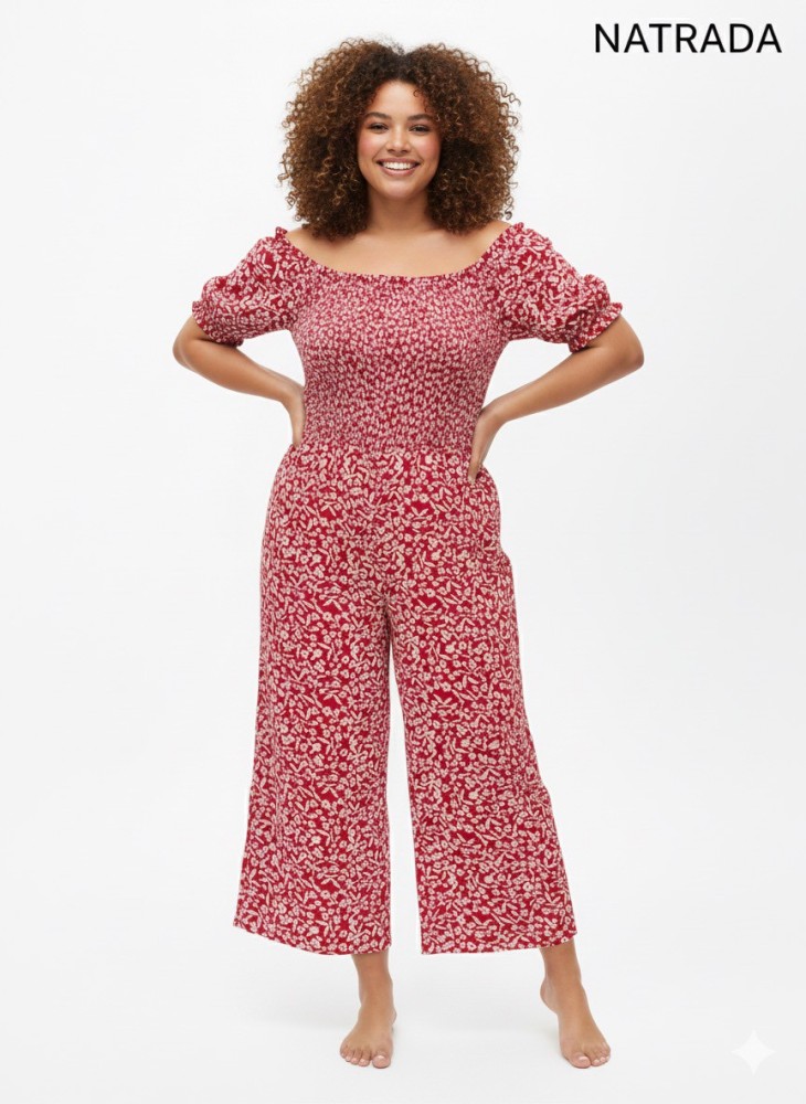 D-P007 : ชุดจั๊มสีน้ำเงิน ขายาวลายดอกแขนตุ๊กตา Blue floral jumpsuit with long pants and puff sleeves (Ships within 24 hours)