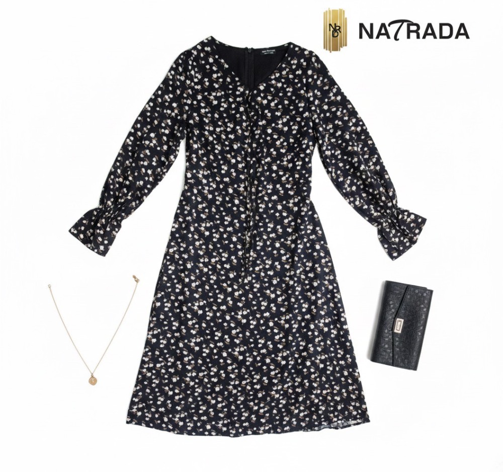 NRDD00004 ：Natrada Floral Dress Long Sleeve Dress  | Black, White