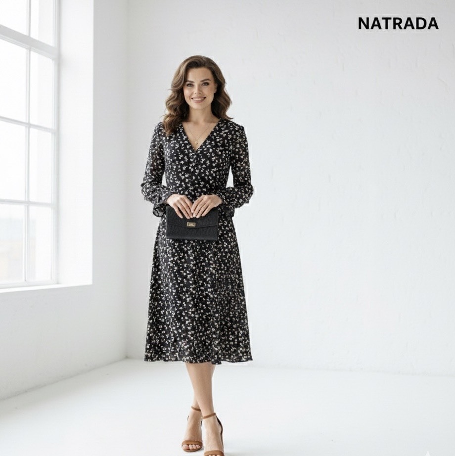 NRDD00004 ：Natrada Floral Dress Long Sleeve Dress  | Black, White