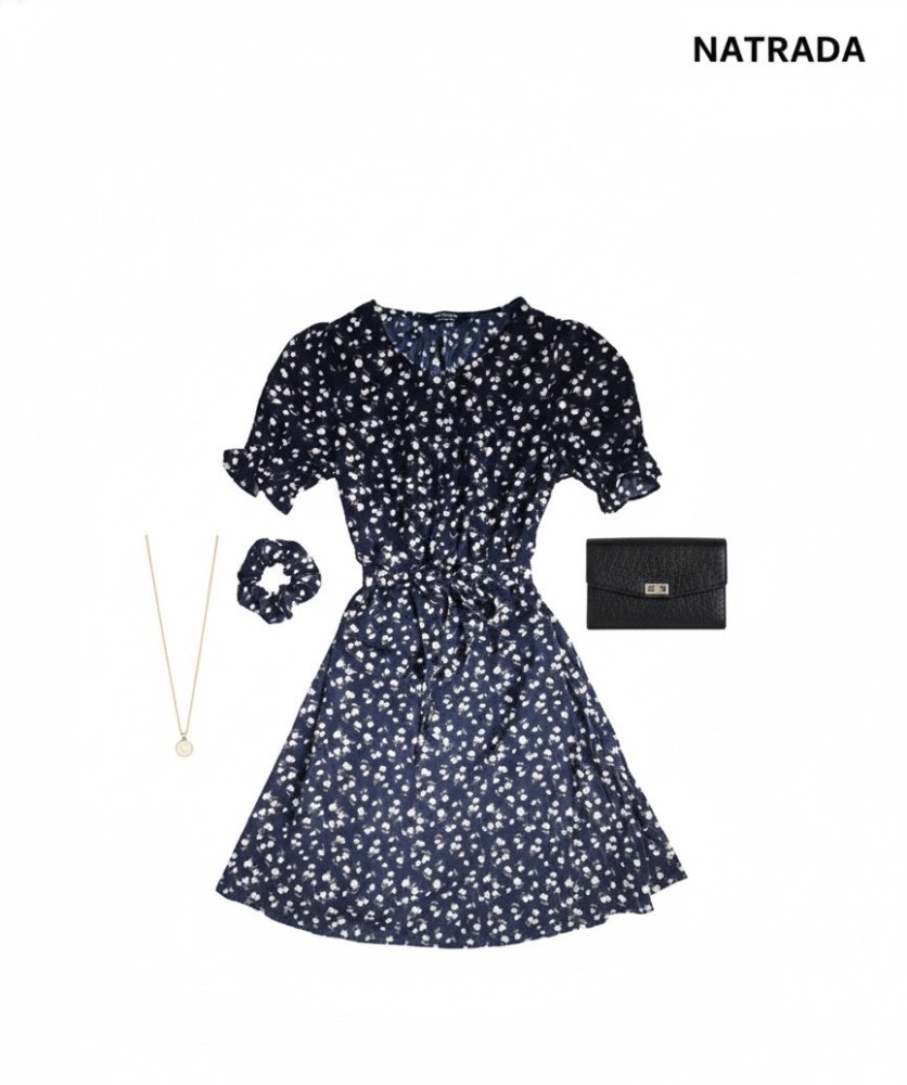 NRDD00003 ：Natrada Floral Dress Puff Sleeve Mini Dress With Scrunchie | Black, White