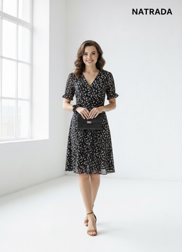 NRDD00003 ：Natrada Floral Dress Puff Sleeve Mini Dress With Scrunchie | Black, White