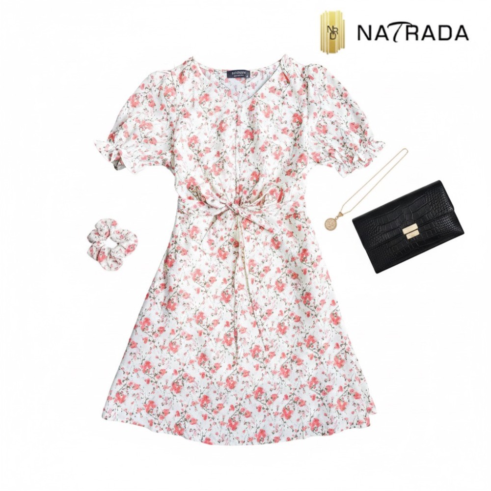 NRDD00001 : Natrada Floral Dress Puff Sleeve Mini Dress With Scrunchie | Beige, Red
