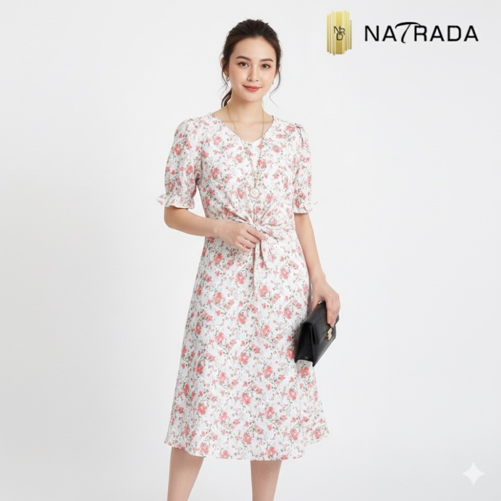 NRDD00001 : Natrada Floral Dress Puff Sleeve Mini Dress With Scrunchie | Beige, Red
