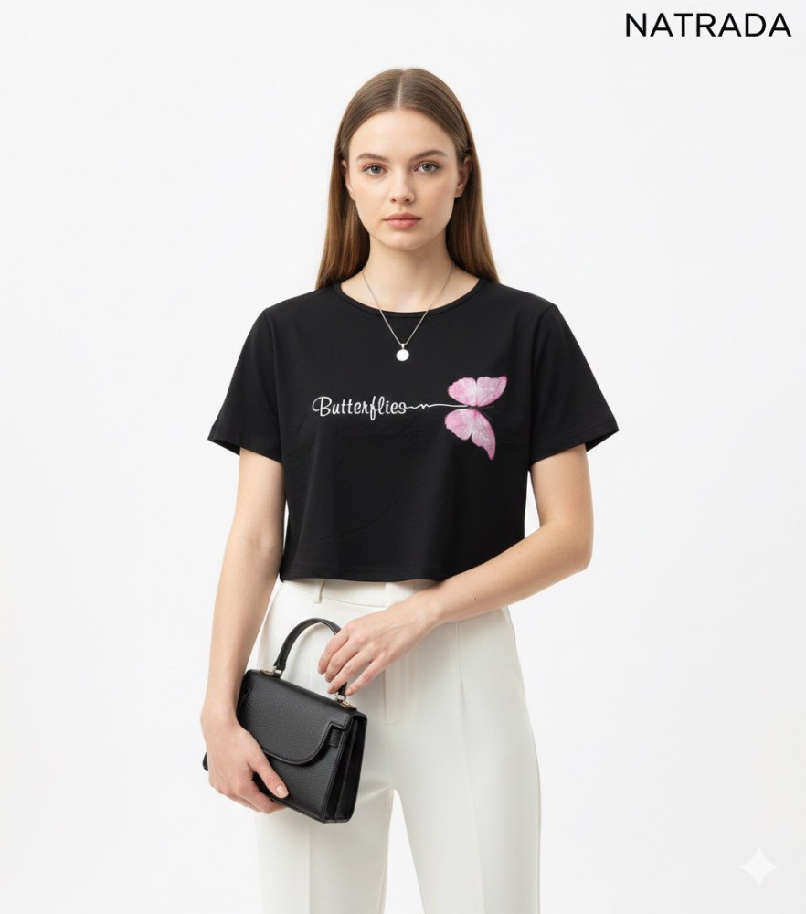 C014 :ครอปแขนสั้น ลายสกรีนผีเสื้อ (พร้อมส่งภายใน 24 ชม.)  Short sleeve crop top with butterfly print (Ready to ship within 24 hours)