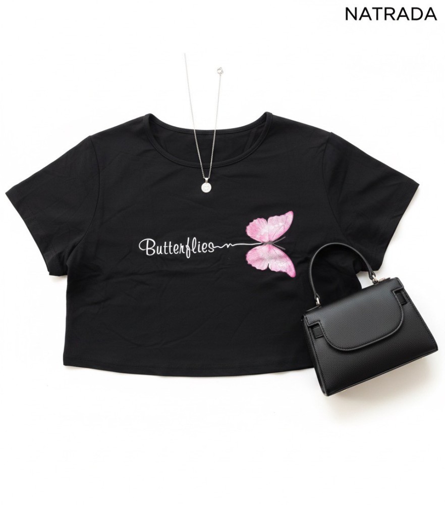 C014 :ครอปแขนสั้น ลายสกรีนผีเสื้อ (พร้อมส่งภายใน 24 ชม.)  Short sleeve crop top with butterfly print (Ready to ship within 24 hours)