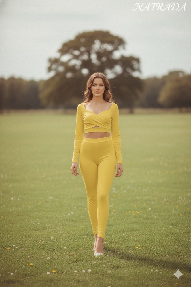 S01 : ชุดเซท Natrada เสื้อแขนยาวครอปและกางเกง สีเหลือง Natrada set: long-sleeve crop top and pants, yellow (ready to ship within 24 hours)