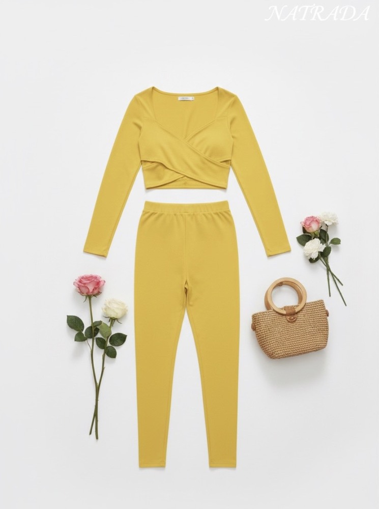 S01 : ชุดเซท Natrada เสื้อแขนยาวครอปและกางเกง สีเหลือง Natrada set: long-sleeve crop top and pants, yellow (ready to ship within 24 hours)