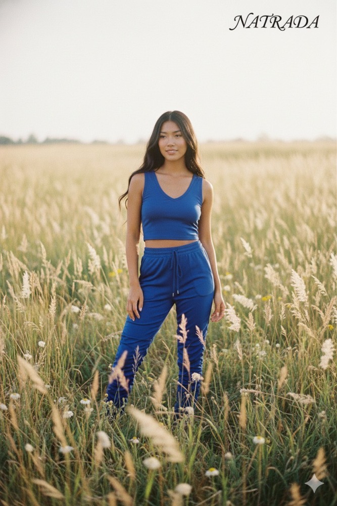 S07 : ชุดเซท Natrada เสื้อครอปกล้ามและกางเกง สีน้ำเงิน Natrada set: crop tank top and pants in blue  (ready to ship within 24 hours)
