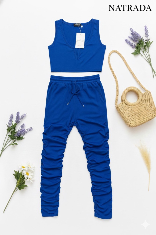 S07 : ชุดเซท Natrada เสื้อครอปกล้ามและกางเกง สีน้ำเงิน Natrada set: crop tank top and pants in blue  (ready to ship within 24 hours)