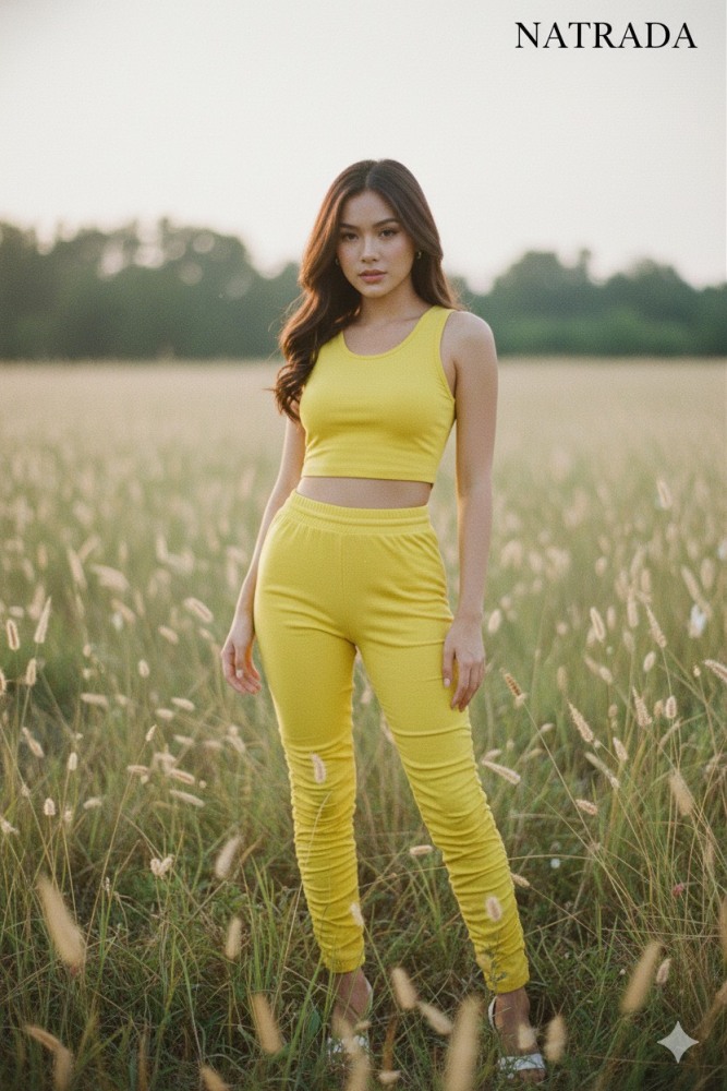 S08 : ชุดเซท Natrada เสื้อครอปกล้ามและกางเกง สีเหลือง Natrada set: crop tank top and pants in yellow  (ready to ship within 24 hours)
