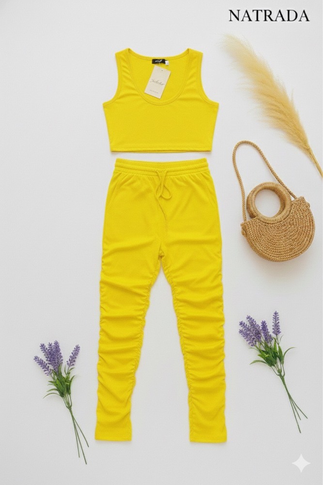 S08 : ชุดเซท Natrada เสื้อครอปกล้ามและกางเกง สีเหลือง Natrada set: crop tank top and pants in yellow  (ready to ship within 24 hours)