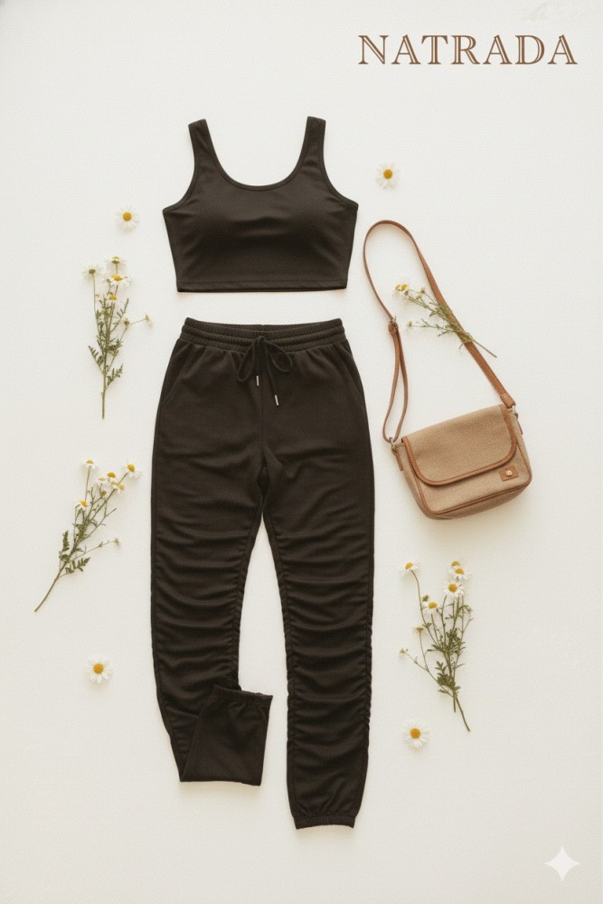 S01 : ชุดเซท Natrada เสื้อครอปกล้ามและกางเกง สีดำ Natrada set: black crop tank top and pants  (ready to ship within 24 hours)