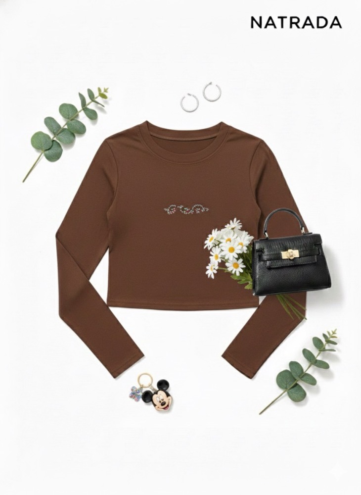 C019 ครอกแขนยาว สีน้ำตาล ลายปักเพชร (พร้อมส่งภายใน 24 ชม.) Brown long-sleeved shirt with diamond embroidery Ready to ship (within 24 hours)
