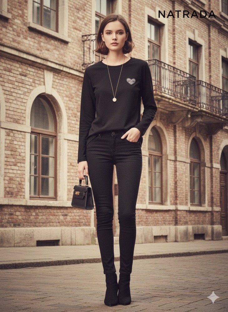 C021 ครอปแขนยาว สีดำ ลายปักเพชรหัวใจ (พร้อมส่งภายใน 24 ชม.) Black long-sleeved crop top with heart-shaped diamond embroidery (Ready to ship within 24 hours)