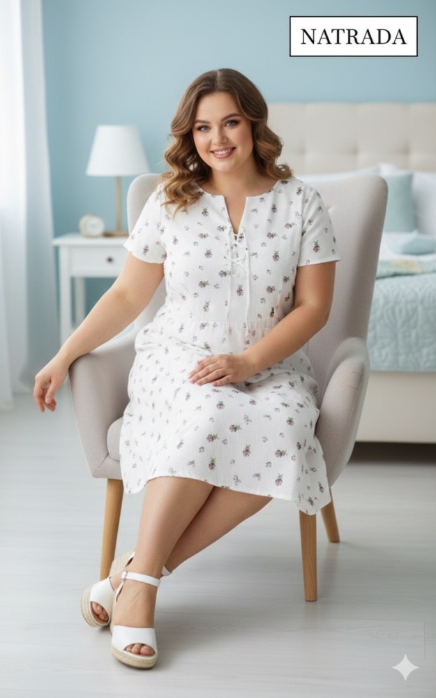A16 เดรสชุดนอน สีขาวลายดอก แขนสั้นแต่งโบว์ข้างหน้า (พร้อมส่งภายใน 24 ชม.) White floral pajama dress with short sleeves and a bow detail at the front (Ready to ship within 24 hours)