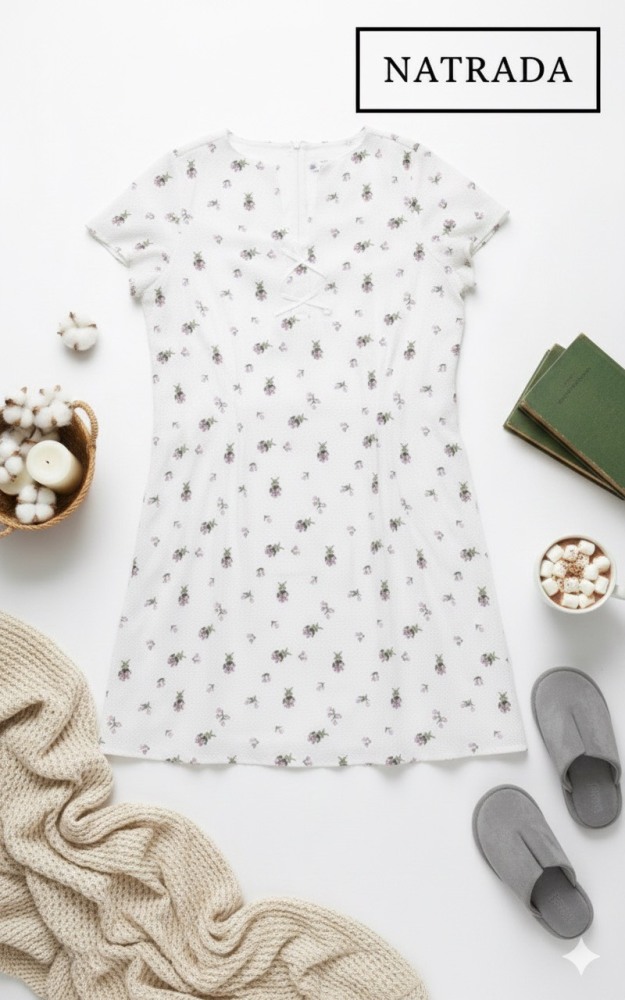 A16 เดรสชุดนอน สีขาวลายดอก แขนสั้นแต่งโบว์ข้างหน้า (พร้อมส่งภายใน 24 ชม.) White floral pajama dress with short sleeves and a bow detail at the front (Ready to ship within 24 hours)