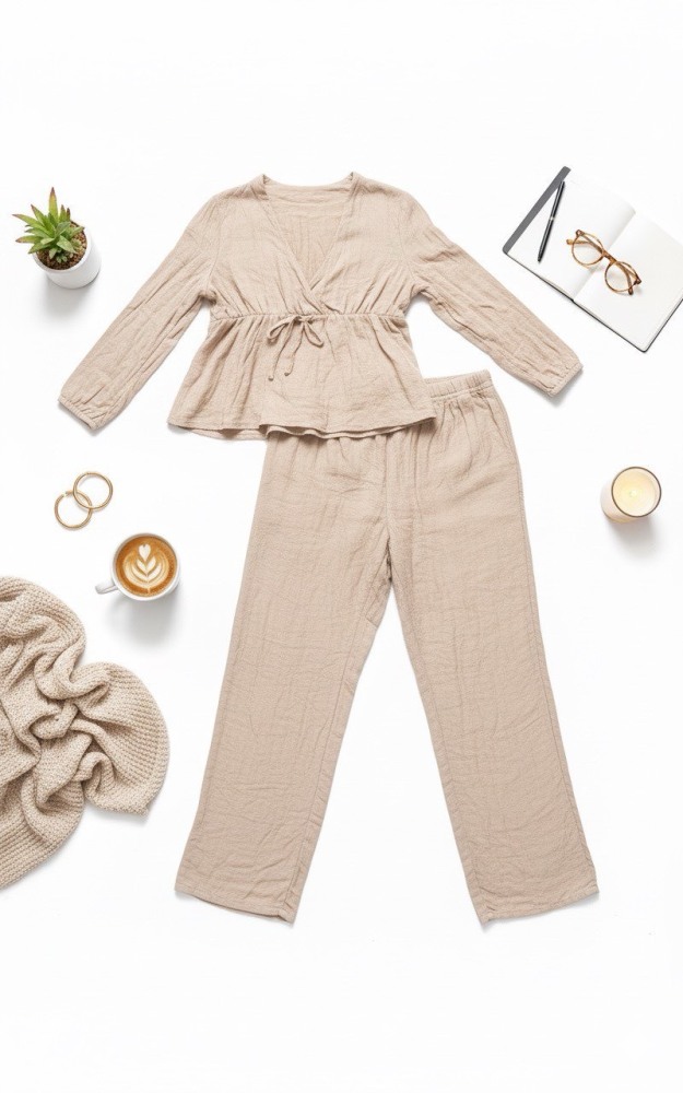 A17 เซตชุดนอน สีเบจ เสื้อแขนยาวจั๊มเอว กับขายาว (พร้อมส่งภายใน 24 ชม.) Beige pajama set: long-sleeved top with elastic waist and long pants (Ready to ship within 24 hours)